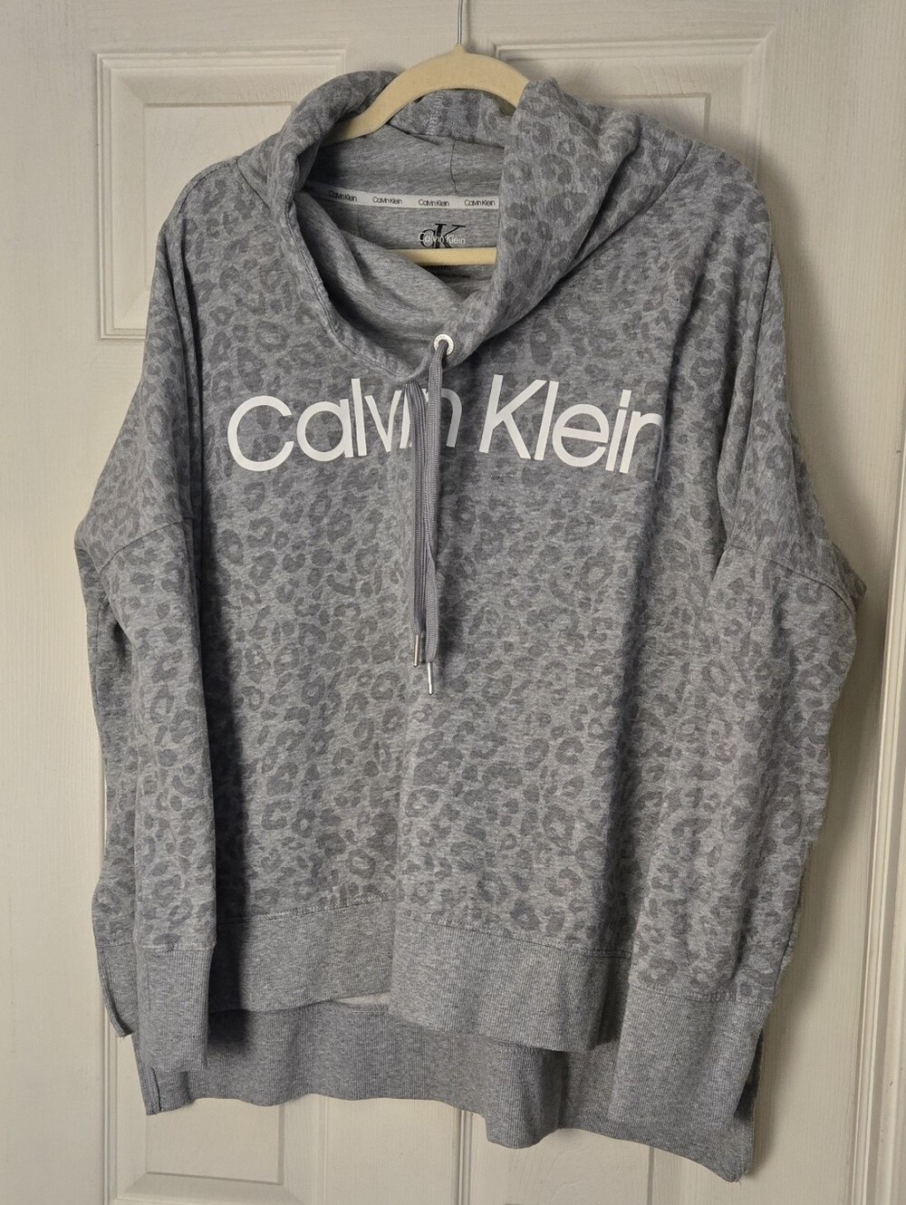 Calvin Klein Light Gray Leopard-Print Cowl Hoodie Sweater